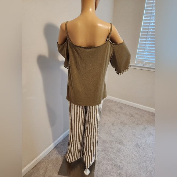 SET - New York & Company Olive Green Blouse and matching Stripe Pants - Picture 7 of 8